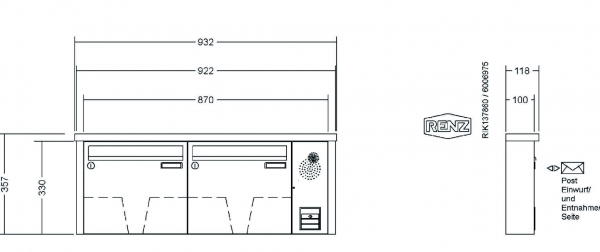 RENZ Briefkastenanlage Aufputz Tetro Kastenformat 370x330x100mm, mit Klingel - & Lichttaster und Vorbereitung Gegensprechanlage, 2-teilig